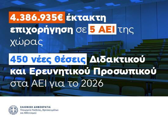 05-01-26 Σοφία Ζαχαράκη: Έκτακτη επιχορήγηση 4,4 εκατ. ευρώ σε πέντε Πανεπιστήμια για κάλυψη λειτουργικών αναγκών - 450 νέες προσλήψεις Διδακτικού και Ερευνητικού Προσωπικού : πως κατανέμονται ανά ΑΕΙ